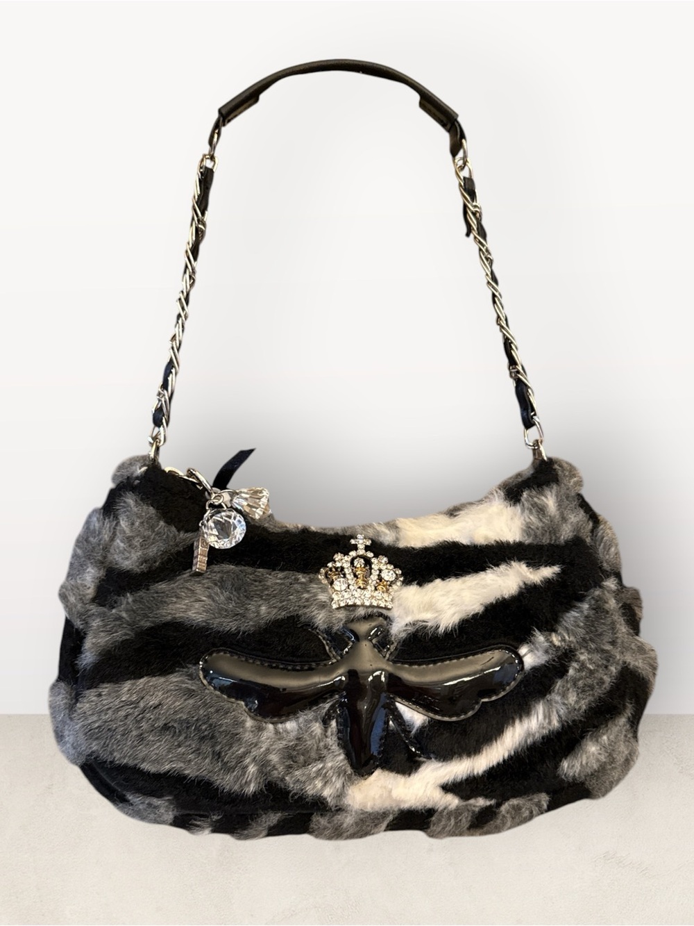 My Flat In London Zebra Jeweled Crown Faux Fur Shoulder Bag Baguette Vintage